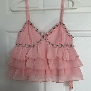 SHEIN Pink Floral Trim Ruffle Camisole